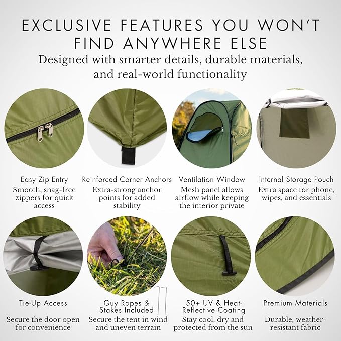 Portable Pop-Up Privacy Tent – Green. Outdoor Shower, Toilet, and Changing shelter. Water-Repellent, Compact, UV-Protective. Ideal for Camping, Beach, Hiking, and Festivals. Carry Bag Included