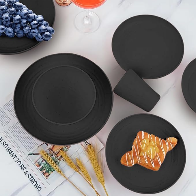 KFT 16-Piece Wheat Straw Dinnerware Set for 4, Onyx Black - Unbreakable Plates and Bowls Set, Eco-Friendly BPA-Free Kitchen Dishes for Camping, RV, Dorm & Everyday Use - Microwave Safe for Reheating