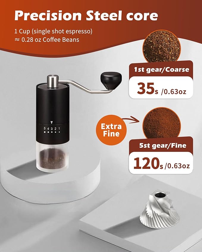 Stainless Steel Burr Manual Coffee Grinder For Drip,French Press,5 Adjustable Settings,Hand Maker with Built-In Burr,For Home Use and Camping (Stainless Steel burr-Black)