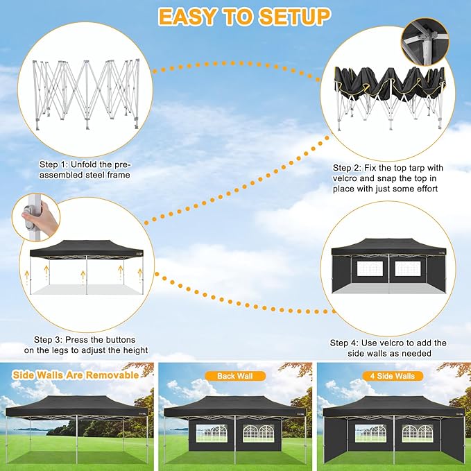HOTEEL 10x20 Heavy Duty Pop Up Canopy Tent with 4 Sidewalls, Commercial Outdoor Canopy Tents for Parties Event Wedding with Roller Bag, Waterproof & UV 50+, Upgraded Thickened Hexagonal Legs, Black