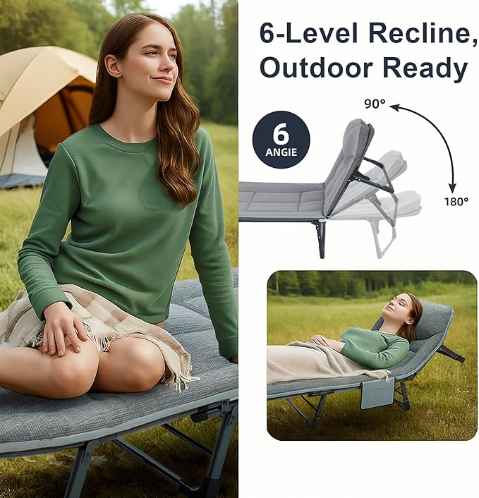 Oxford and Steel Frame 6-Angle Adjustable Foldable Bed Folding Camping Cot Bed with Extra Wide Padded Mattress Support for Adults Outdoor Travel Tent Use(Gray, Extra Large - 80 * 28")