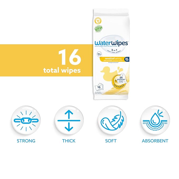 WaterWipes Sensitive+ Bathing Wipes, 3-In-1 Cleans, Cares, Protects, 99.9% Water, Unscented & Hypoallergenic, 16 Count (1 Pack)