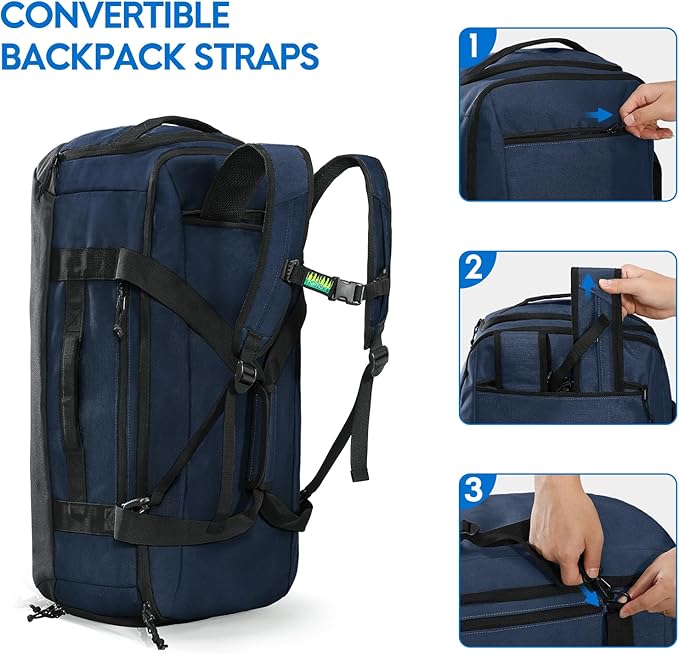 Haimont 60L Large Duffel Bag Backpack for Men Women, Travel Bag with Shoes Compartment, Convertible Duffel Backpack, Sports, Camping, Overnight, Water-Resistant, Navy Blue