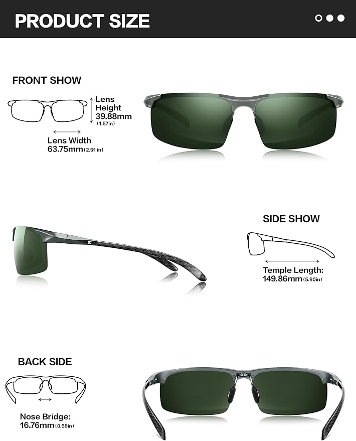 BIRCEN Polarized Carbon-Fiber Sunglasses for Men: Ultralight UV Protection Sun Glasses for Outdoor Sports Fishing Golf Hiking