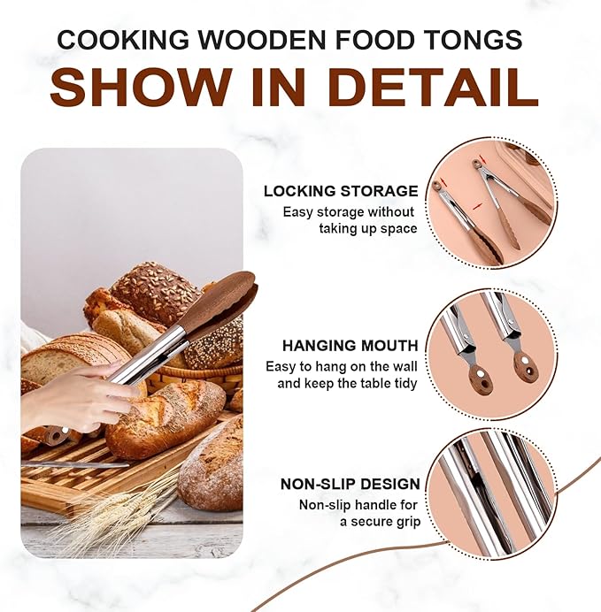 2 Pack Walnut Wooden Tongs For Cooking, 12 & 9 Inch Kitchen Salad Utensils Tongs with Hanging Hole and Wooden Tips, Stainless Steel Kitchen Barbecue Food Suitable for Salad