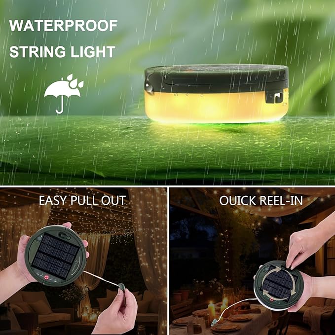 Camping String Lights, 4 in 1 Quick Storage Camping Essentials Gear, 32.8FT Solar Camping String Lights with 8 Lighting Modes & Timer, Hanging Waterproof Portable LED Lamp for Camping Gear