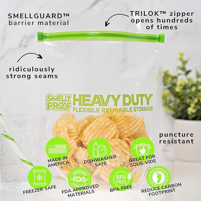 BULK VALUE, Smelly Proof 50-Pack HEAVY DUTY 5-mil Reusable Bags, Ziplock Stand-Up, Expandable, Dishwasher-Safe, Triple Zip, Odor-Proof, Durable Poly Nylon (Non-Silicone) US-Made 8.5" x 10" Quart 50pk