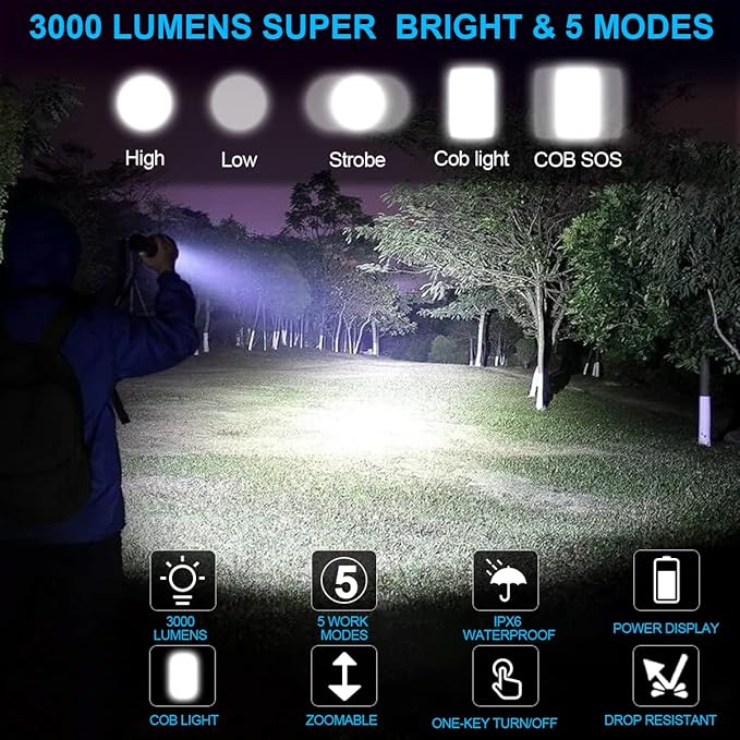 Rechargeable LED FLashlights 8000 High Lumens, Super Bright LED Tactical Flashlight with Power Display, Zoomable, with COB Light, Waterproof,Powerful Handheld Flashlight for Camping,Hiking 2 Pack
