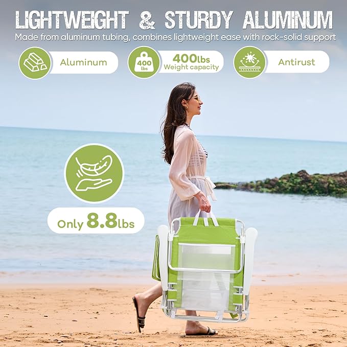 Reclining Beach Chair Backpack 5-Position Lay Flat Lounge Chair for Adults Heavy Duty Portable Folding Lightweight with Cooler Bag Camping Chair for Sand Outdoor