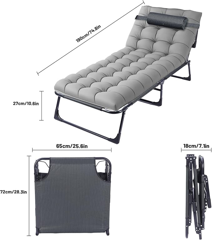 Portable Camping Cot for Adults with Removable Mattress, Double Layer 1200D 330lb Foading Cot, Heavy Duty Camping Bed with Pillow, 4-Position Reclining for Guest Sleeping (Gray)