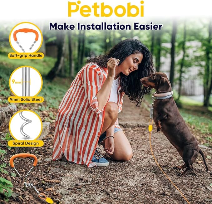 Petbobi Dog Tie-Out Cable and Stake - 20ft Heavy Duty Cable with Spring, No Tangle, 16in Ground Stake, Ideal for Yard, Camping and Beach, Suitable for Small Medium Large Dogs Up to 120 lbs, Orange