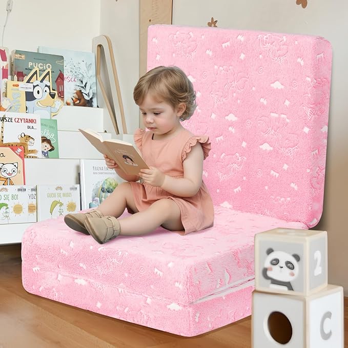 MeMoreCool Glow Unicorn Foldable Floor Mattress for Kids, Trifold Nap Mat for Toddlers, Portable Daycare Sleeping Futon or Floor Bed, 75x25 Inch Pink