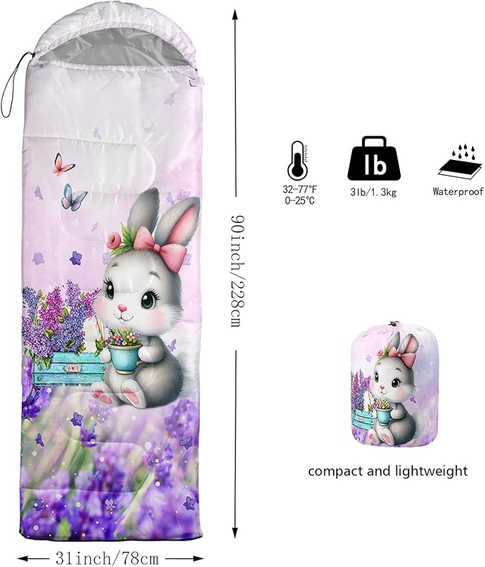 AILONEN Girls Pink Camping Sleeping Bags,Lightweight & Waterproof,3 Season Warm & Cool Weather,Cute Bow Duck Print Sleeping Bags for Kids,Girls,Adults Travelling,Outdoors