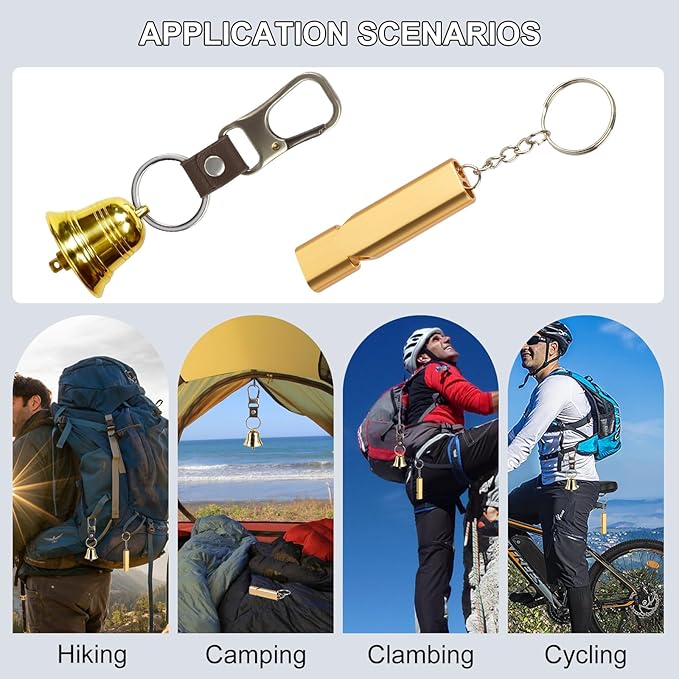 Fhmidic Loud Bear Bell with Whistle Set for Hikers, 3 in 1 Hiking Gear Solid Brass Bear Bells with Silencer, Carabiner and Emergency Whistle for Survival, Hiking, Camping, Climbing