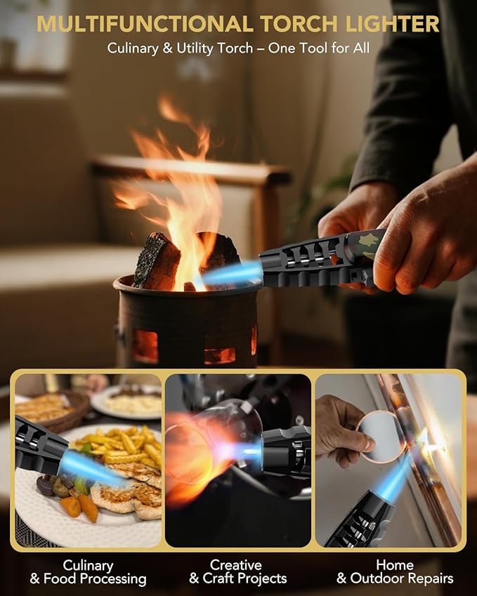 TBTeek Butane Torch Lighter - Adjustable Jet Flame Lighter, Blow Torch, Refillable Bright Fire Torch, Cooking Torch with Safety Lock for Kitchen, BBQ, Baking, Candle, Camping, Camo (Gas Not Included)