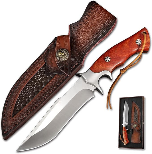 M390 Steel Handmade Hunting Knife, Fixed Blade Full-Tang with Leather Sheath, Red Wood Non-Slip Handle - Survival, Tactical, Camping knives