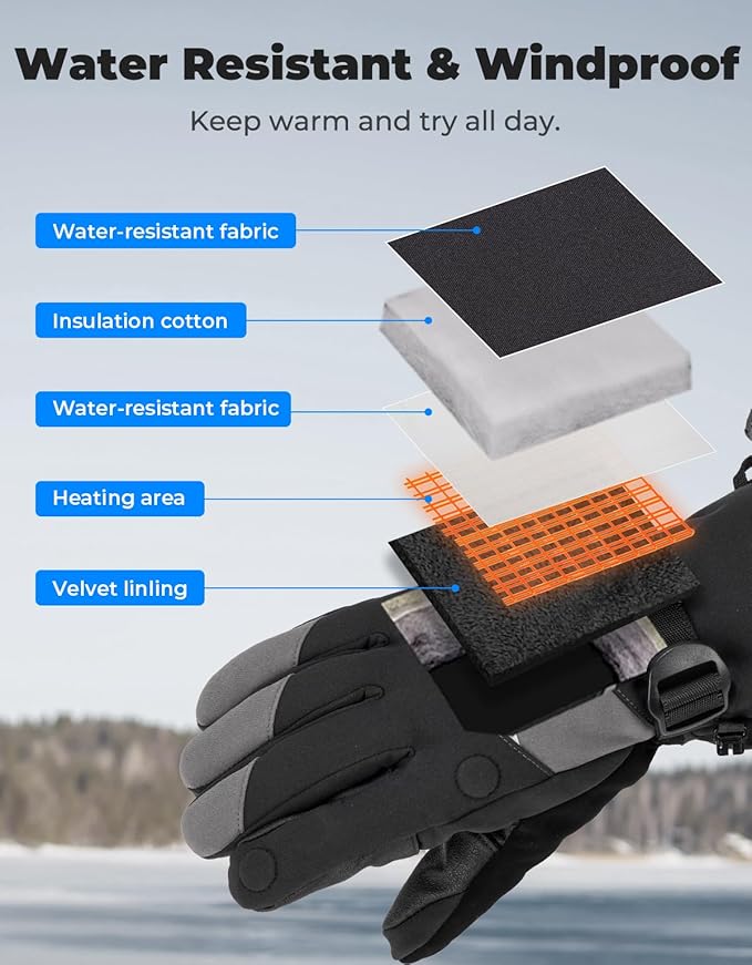 KEMIMOTO Mens Flip Magnetic Heated Gloves, Water-Resistant, Electric Rechargeable Battery 2pcs 7.4V Touchscreen Heating Gloves for Ice Fishing, Skiing, Motorcycling, Camping