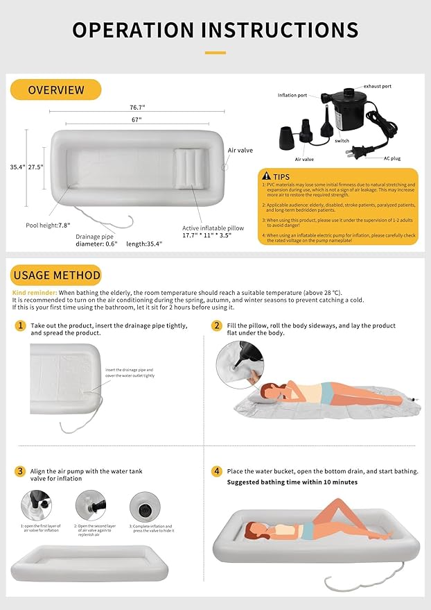 Medical Inflatable Bathtub,Bed Bath,Medical PVC Bedside Shower bathtubKit,Bed Shower for Patients with Reduced Mobility,Bedside Water Bag+Electric air Pump+Medical Inflatable Shampoo Basin