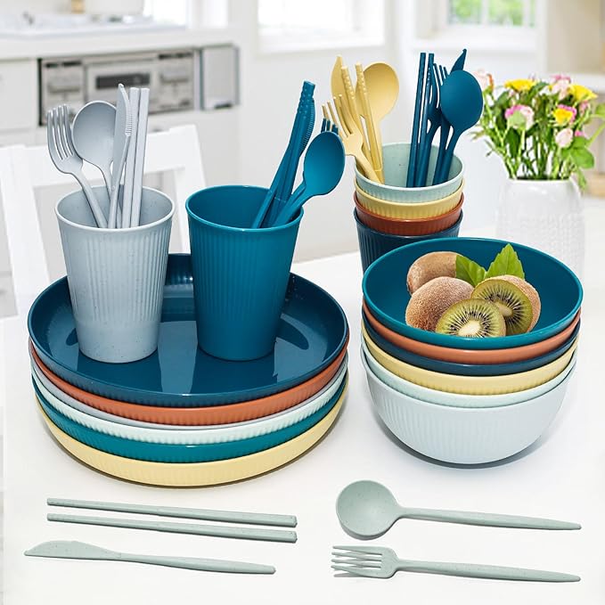 42Pcs Wheat Straw Dinnerware Sets, Unbreakable Plates and Bowls Sets, Eco Friendly Non Breakable Dinnerware, Dishwasher Microwave Safe Dinnerware