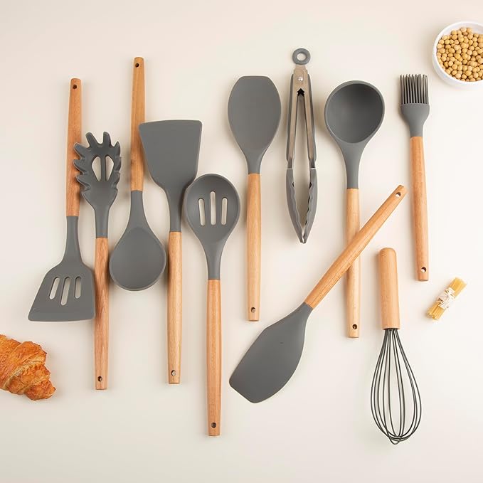 Silicone Cooking Utensils Set, Premium Beech Wood Handle Kitchen Gadgets Utensil Set, Non-Stick Kitchen Utensils Spatula, Tongs, Turner, Whisk, Brush, Spoon, BPA FREE, 446°F Resistant (Dark Gray)