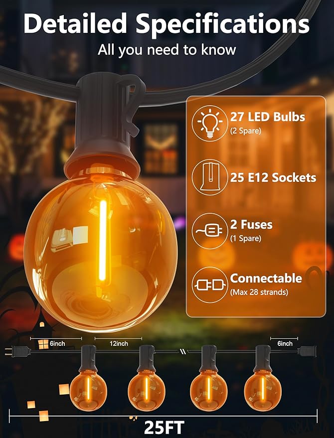 SUNSGNE G40 LED Orange Halloween String Lights Outdoor, 25 Feet Orange String Lights with 25 Count Bulbs for Halloween Thanksgiving Indoor Outdoor Party Festival Haunted House Decor