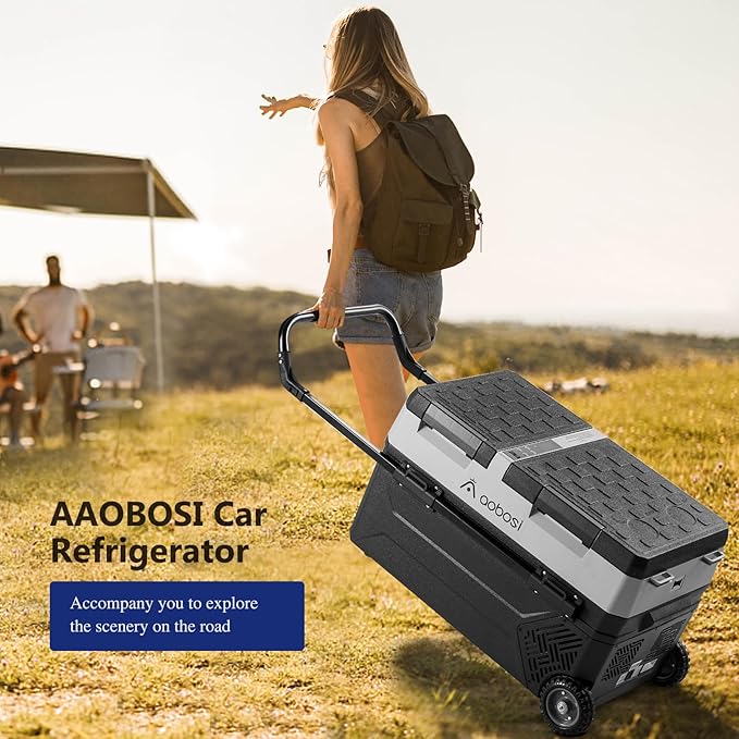 AAOBOSI 12 Volt Car Refrigerator, 42L Portable Car Fridge Freezer Electric Cooler Dual Zone Extension Handle, 12/24V DC and 110-240V AC, Mini Fridge for Camping, Travel, Truck, RV