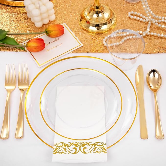 NOCCUR 350PCS Clear and Gold Plastic Plates - Gold Disposable Plastic Dinnerware Set for 50 Guests Include 100 Plastic Plates, 150 Gold Cutlery, 50 Cups&50 Napkins Idea for Wedding&Party