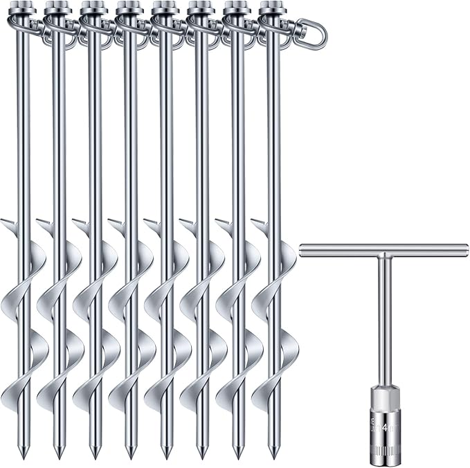 Zhengmy 8 Pcs Ground Anchors Screw in, 12 Inch Heavy Duty Tent Stakes with Trampoline Anchor Hook Ground Stakes for Camping Tent Canopies Ports Sheds Swing Sets Securing Animals (Silver)