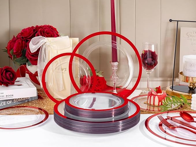 U-QE 200PCS Red Plastic Plates - Clear Red Plastic Plates Disposable Heavy Duty - Include 100 10" Dinner and 100 7" Dessert Platos for Party