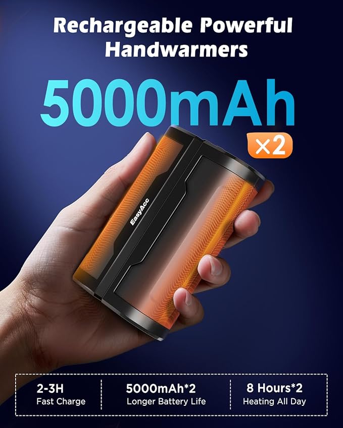 EasyAcc Hand Warmers Rechargeable 2 Pack, 10000mAh Magnetic Hand Warmers, 18Hrs Long Heating, with Camping Hook, Portable Power Bank, Pocket Size, Gifts for Christmas, Camping