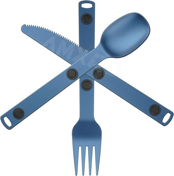 Magnetic Camping Utensils Set, Portable & Reusable Metal Travel Flatware, Camping Cutlery Set, Knife, Fork & Spoon, 3-PACK, Blue