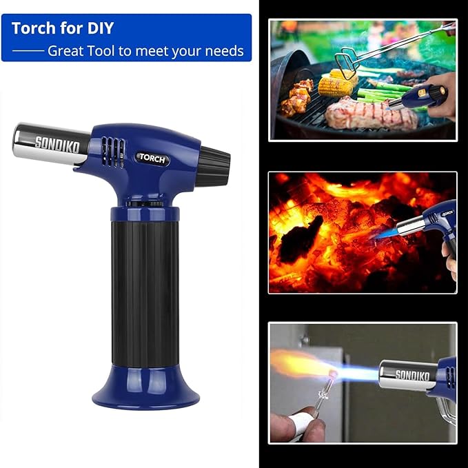 Sondiko Butane Torch Lighter, Refillable Blow Torch with Safety Lock and Adjustable Flame for Desserts, Creme Brulee, and Baking, Blue