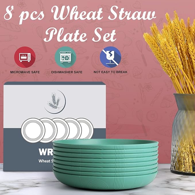Wheat Straw Plates - 9 Inch Unbreakable Dinner Plates Set of 8 - Dishwasher & Microwave Safe Plastic Plates Reusable for Kitchen and Camping (Green)