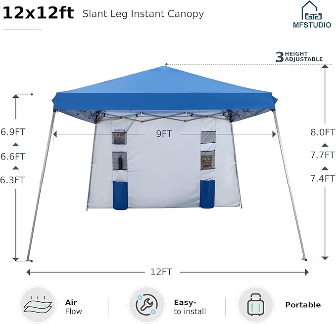 MFSTUDIO Pop Up Canopy Tent,12x12 ft Footprint and 9x9 ft at top Canopies with 1 Sidewall, Gazebo Shelter Sun Shade Waterproof Patio Popup Tents 4 Sandbag,Blue