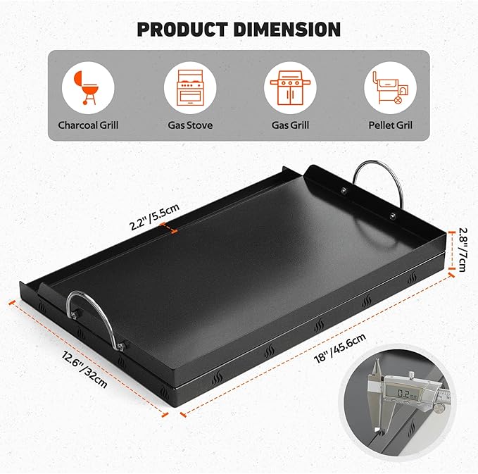 Onlyfire Universal BBQ Griddle with Handles for Most Grills, Ceramic Coated Non-stick Flat Top Griddle for Outdoor Cooking, 18"L x 12.6"W x 2.8"H "