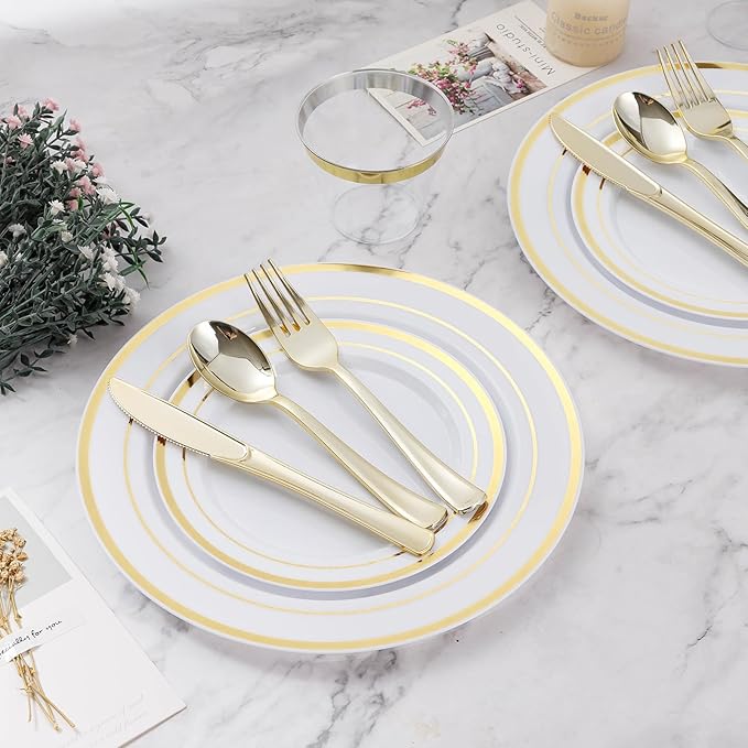 300PCS Plastic Dinnerware Set (50 Guests), Gold Disposable Plates for Party, Wedding, Christmas, Anniversary, Includes: Dinner Plates, Dessert Plates, Cups, Spoons, Forks and Knives