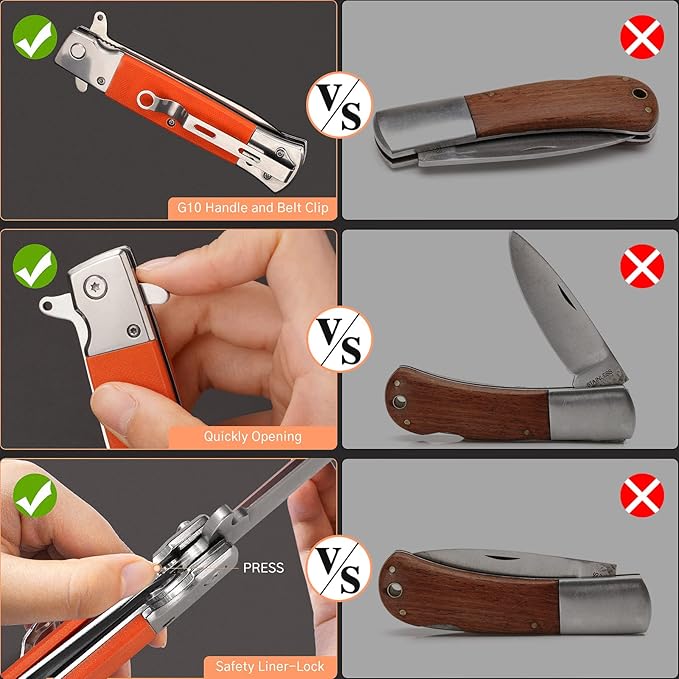 GVDV Folding Pocket Knife with G10 Handle, 7Cr17 Stainless Steel EDC Knife with Safety Liner-Lock, Camping Hunting Survival Knife for Men Women, Orange