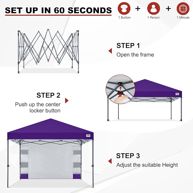 ABCCANOPY Pop Up Canopy with Sidewall,10x10 Outdoor Canopy Tent with Storage Sidewall for Commercial Events with 4 Weights (Purple)