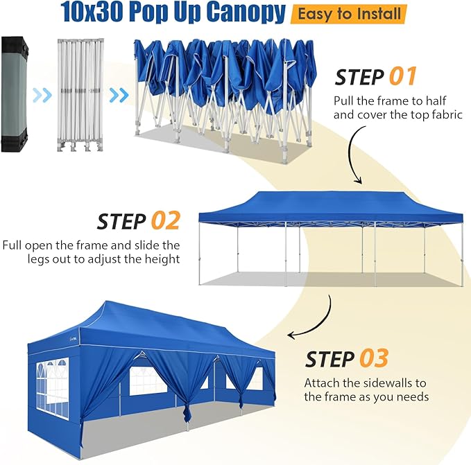 HOTEEL 10x30 Pop up Canopy Tent for Parties, Heavy Duty Easy Setup Tent with 8 Sidewalls, Outdoor Commercial Instant Gazebo for Wedding Event, with Portable Bag & Sand Bags, Blue(Hexagonal Frame)