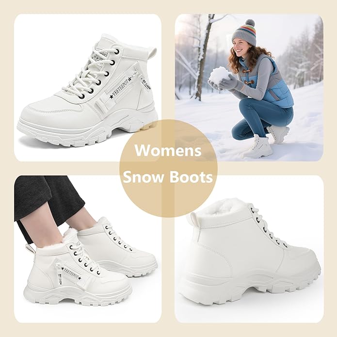 Womens Snow Boots Warm Winter Boots Ladies Fur Lined Ankle Boots Lace Up Outdoor Booties Anti-Slip Sneakers Waterproof Walking Shoes