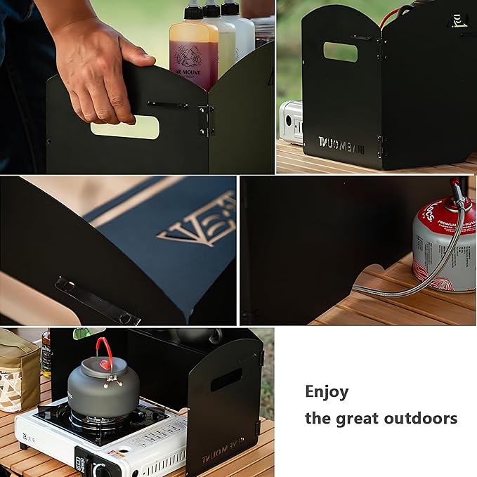 Outdoor Wind Deflector,Cassette Stove Folding Wind Deflector, Steel Windproof Hood for Stove, Gas Stove Wind Deflector, Camping Thickened Stove Ring, Portable 4 Plates Wind Blocker (Black)