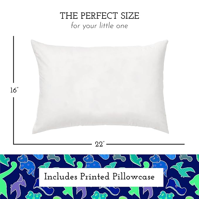 Little Sleepy Head Youth Pillow with Pillowcase 16x22, Soft Jumbo Toddler Pillow & Hypoallergenic Pillowcase - Best Kids Pillows for Sleeping, Perfect Kids Travel Pillow (Dinosaurs Blue)