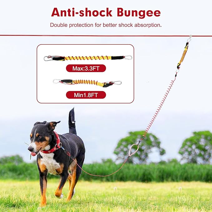Dog Runner for Yard,Anti-Shock Dog Trolley System 50/75/100/150/200FT,Heavy-Duty Aerial Dog Run Cable with Bungee for Small to Large Dogs up to 300lbs,Outside Dog Zip line for Backyard,Camping, Park