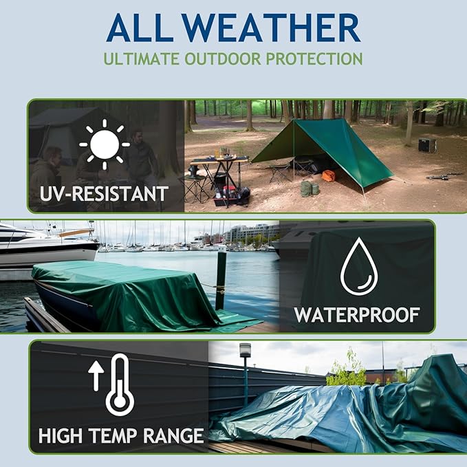 10 Mil Heavy Duty Waterproof Tarps, 10x12 Ft Finished Size Tarps, Premium Tarp with Metal Grommets & Reinforced Edge, Multipurpose Thick Poly Tarp for Car, Boat, Roof, Camping - Green