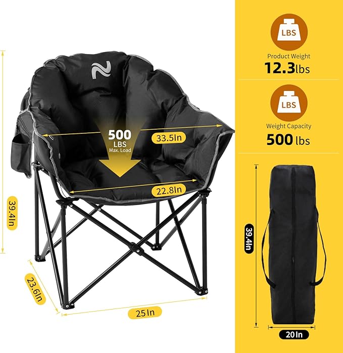 NAIZEA Heated Camping Chair, Oversized Heated Folding Outdoor Chair for Adults with 3 Heat Levels, Portable Foldable Patio Lounge Chair for Sports Outdoors Camp, Battery NOT Included