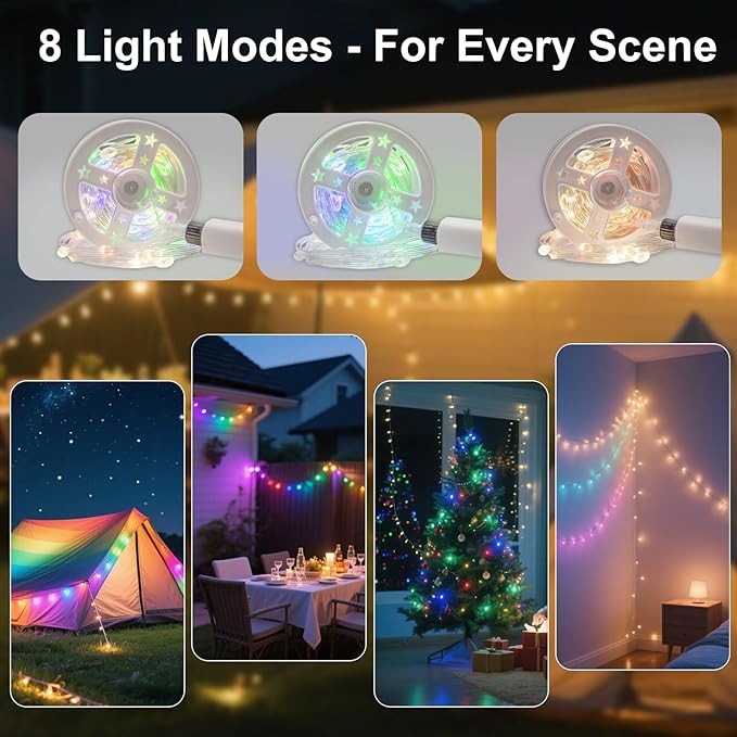 Moobibear Camping String Lights, Quick Storage 33FT/100LED RGB Rugby Rechargeable Tent Lights String with USB 8 Lighting Modes, Waterproof Portable LED Lamp for Camping Essentials, Yard, Party