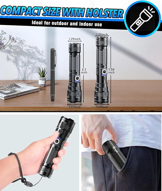 Flashlights High Lumens Rechargeable USB C Flash Light, Super Bright LED Flashlight, Long Beam, IPX5 Waterproof Tactical Flashlight Powerful for Emergency, Camping