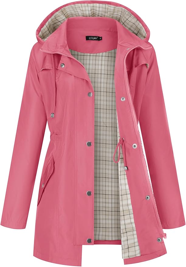 LOMON Women Waterproof Outdoor Hiking Raincoat Women Lined Rain Jacket Lightweight Hooded Jackets Trench Coats