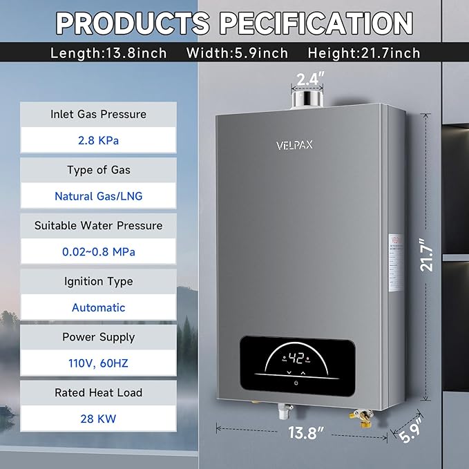 Natural Gas Tankless Water Heater,4.74GPM 18L Indoor,Instant Hot Gas water heater,Constant Natural Water Heater with Fahrenheit Digital Display,Multi-Protection