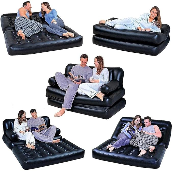 Folding Portable Inflatable Sofa Twin Bed, Lazy Flocking Queen Size Air Bed Mattress - Great for Pop Up Indoor Living Room and Outdoor Balcony, Backyard, Camping, Picnic, RV + Foot Pump (Black)